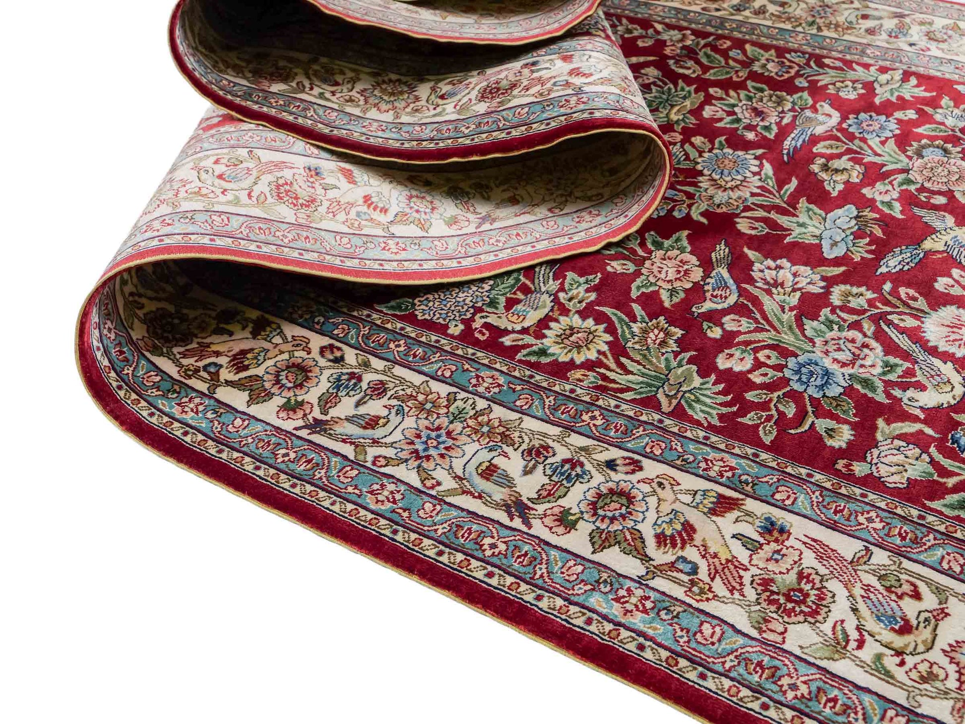 Sehr feiner, handgeknüpfter Khademi Orientteppich Läufer aus Seide mit Ghom Design, rot, creme. 306x79 cm. Vertrieb durch Jupiter Intl.