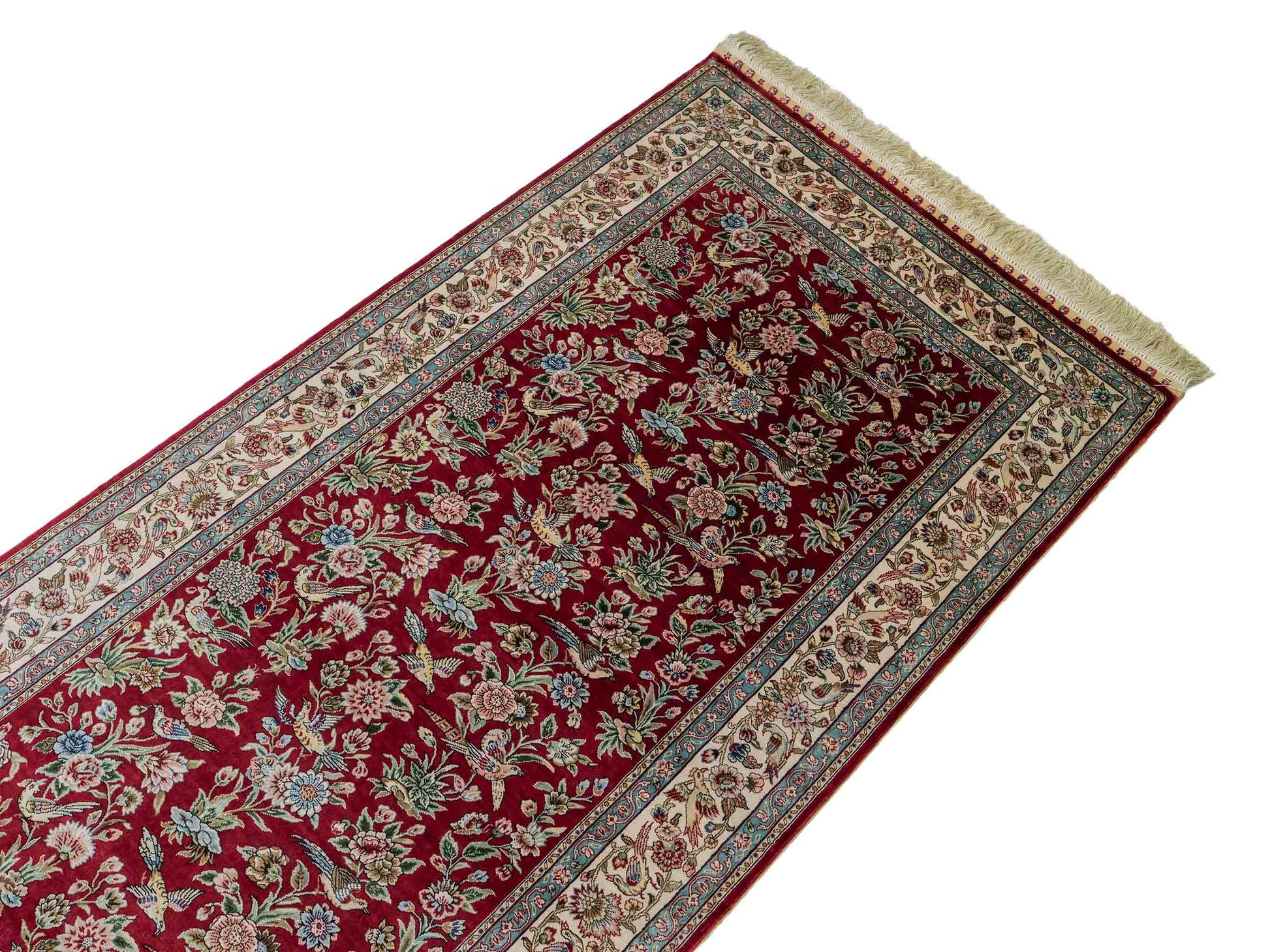 Sehr feiner, handgeknüpfter Khademi Orientteppich Läufer aus Seide mit Ghom Design, rot, creme. 306x79 cm. Vertrieb durch Jupiter Intl.