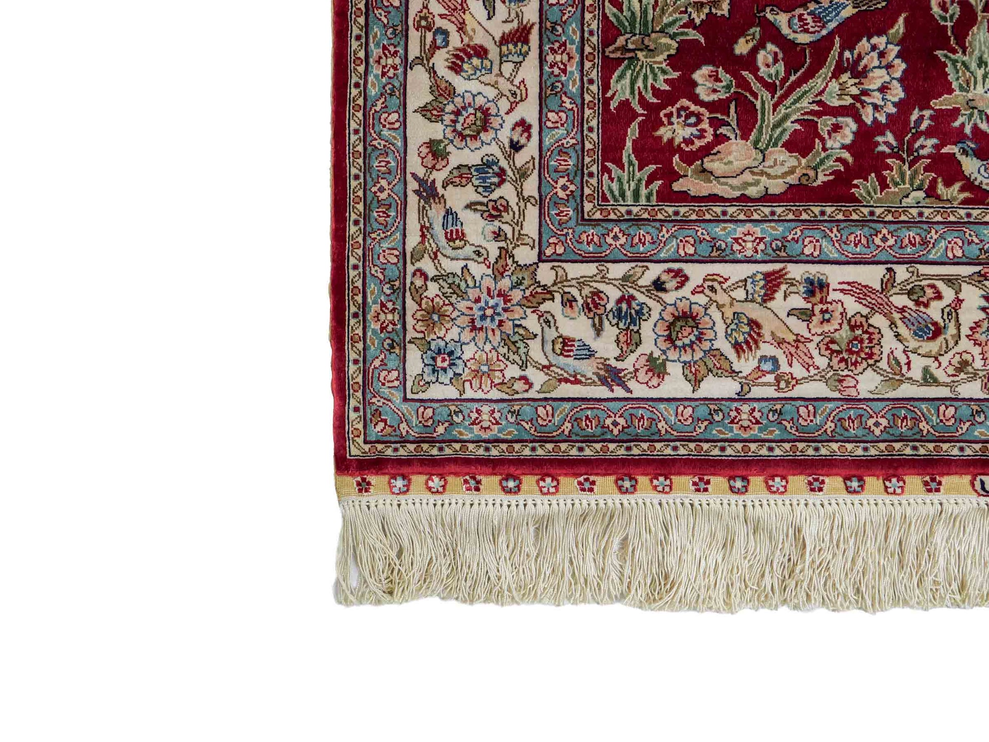 Sehr feiner, handgeknüpfter Khademi Orientteppich Läufer aus Seide mit Ghom Design, rot, creme. 306x79 cm. Vertrieb durch Jupiter Intl.