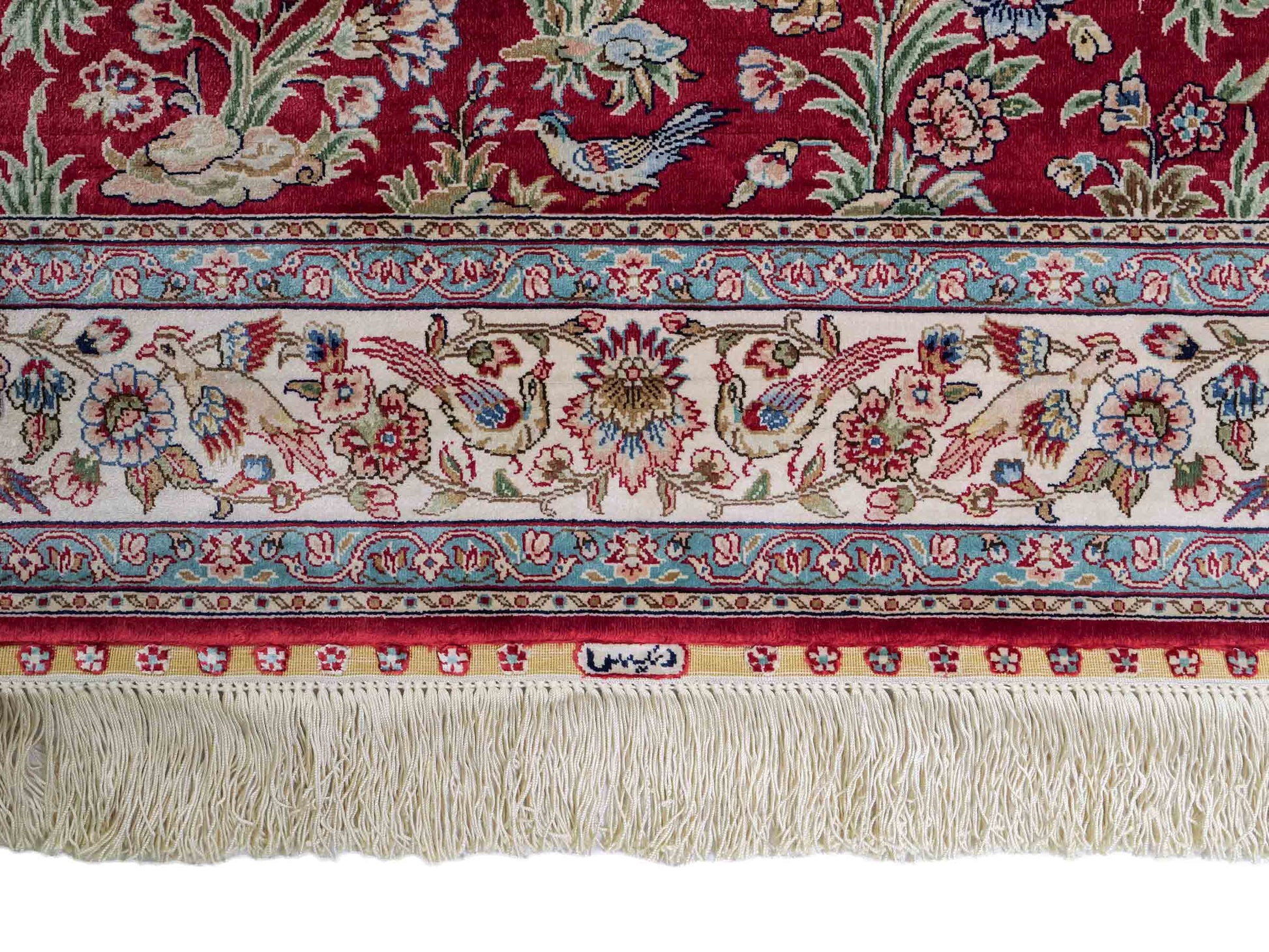 Sehr feiner, handgeknüpfter Khademi Orientteppich Läufer aus Seide mit Ghom Design, rot, creme. 306x79 cm. Vertrieb durch Jupiter Intl.