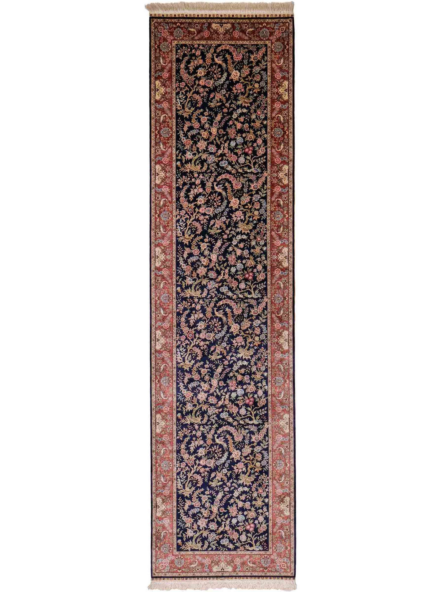 Sehr feiner, handgeknüpfter Khademi Ghom Orientteppich Läufer aus purer Seide, blau, rosa. 308x78 cm. Vertrieb durch Jupiter Intl.