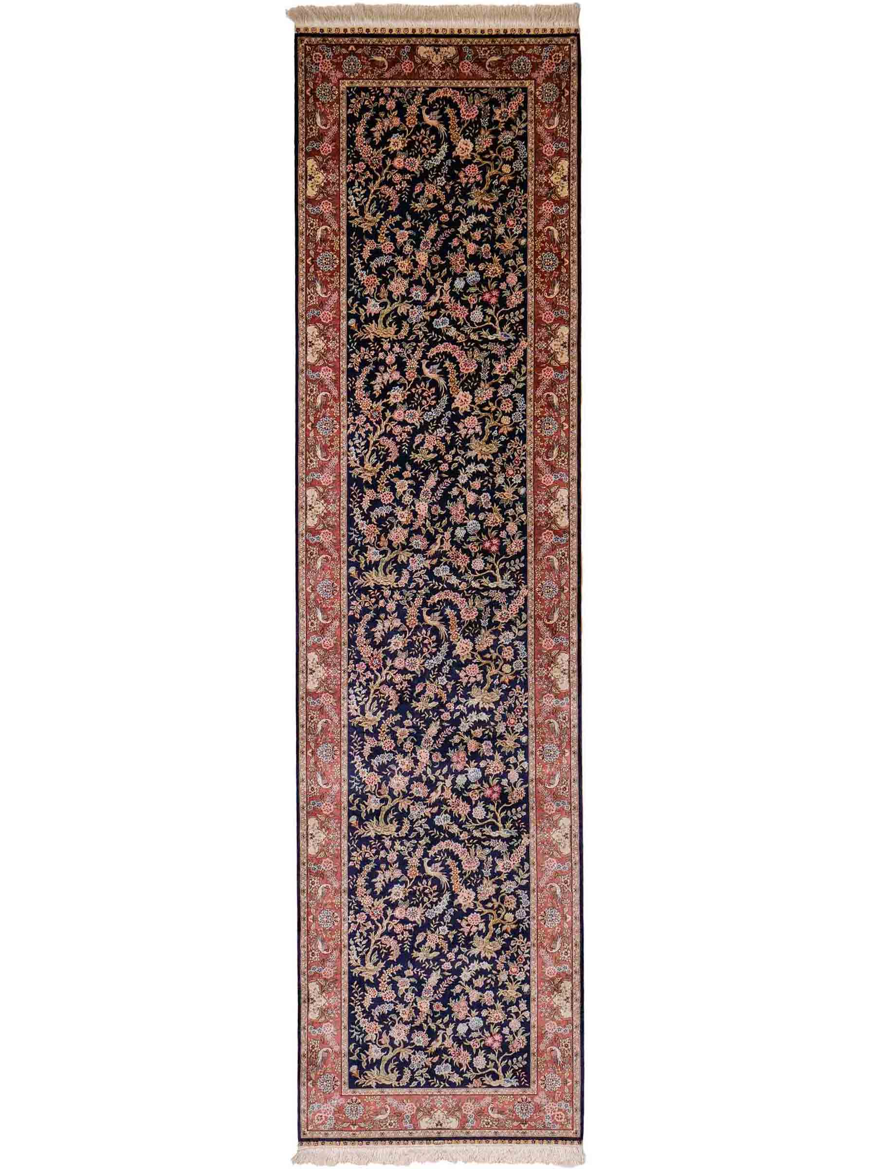 Sehr feiner, handgeknüpfter Khademi Ghom Orientteppich Läufer aus purer Seide, blau, rosa. 308x78 cm. Vertrieb durch Jupiter Intl.
