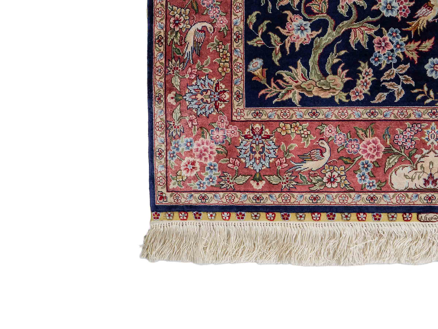 Sehr feiner, handgeknüpfter Khademi Ghom Orientteppich Läufer aus purer Seide, blau, rosa. 308x78 cm. Vertrieb durch Jupiter Intl.