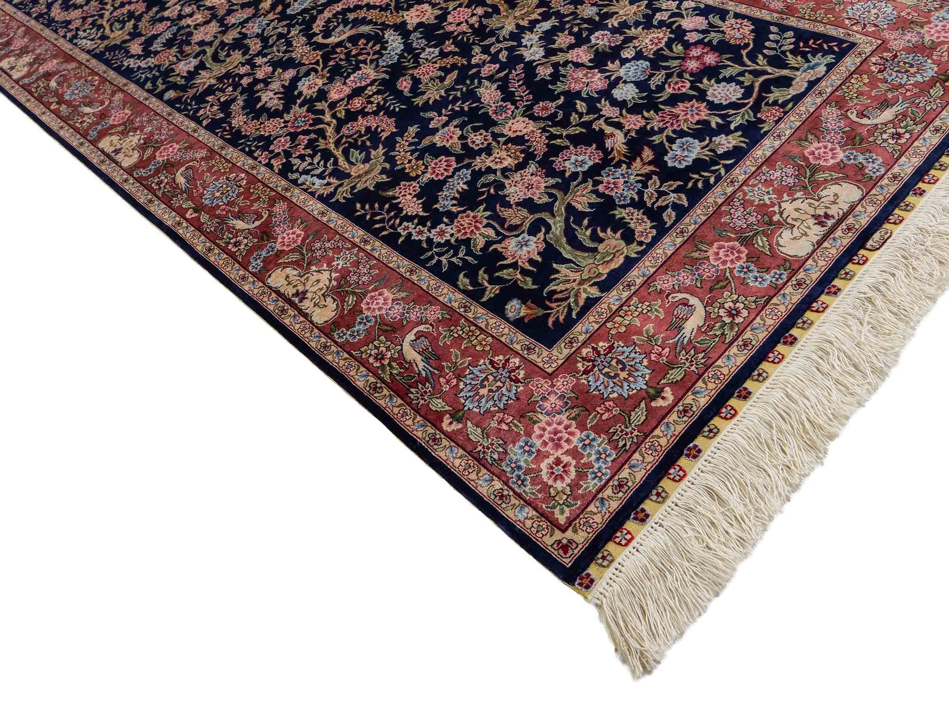 Sehr feiner, handgeknüpfter Khademi Ghom Orientteppich Läufer aus purer Seide, blau, rosa. 308x78 cm. Vertrieb durch Jupiter Intl.