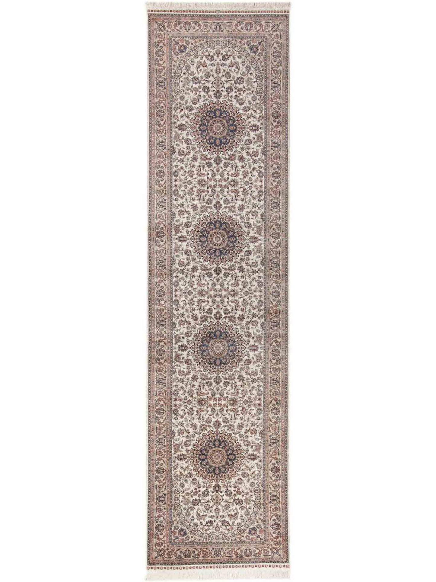 Sehr feiner, handgeknüpfter Khademi Orientteppich mit Ghom Design aus purer Seide, weiß, creme, blau. 310x78 cm. Vertrieb durch Jupiter Intl.