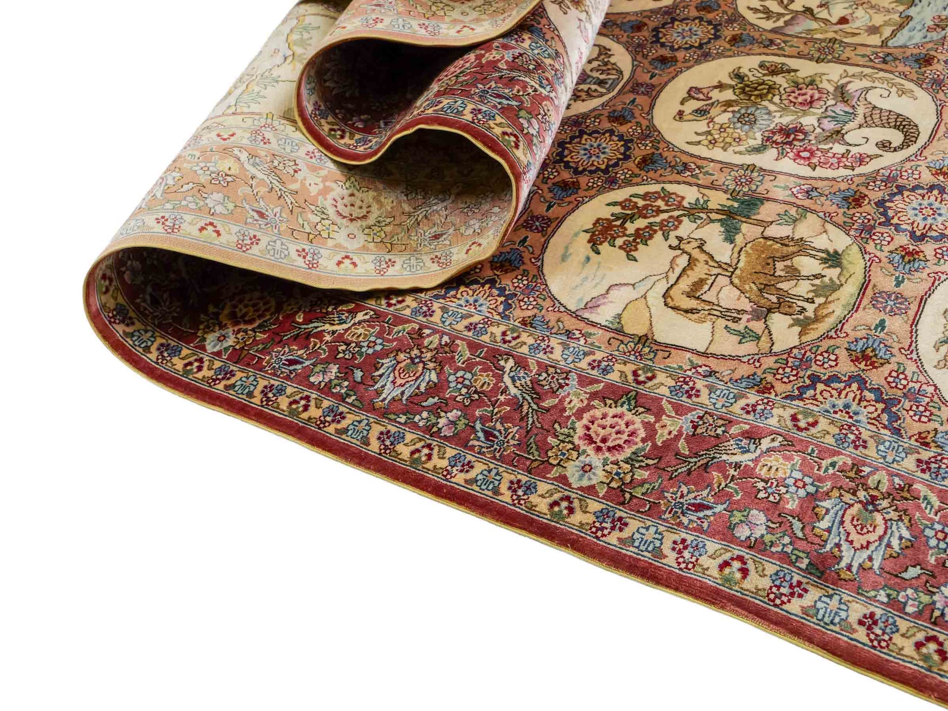 Sehr feiner, handgeknüpfter Khademi Läufer Orientteppich mit Ghom Design aus reiner Seide, multicolor. 363x78 cm. Vertrieb durch Jupiter Intl.