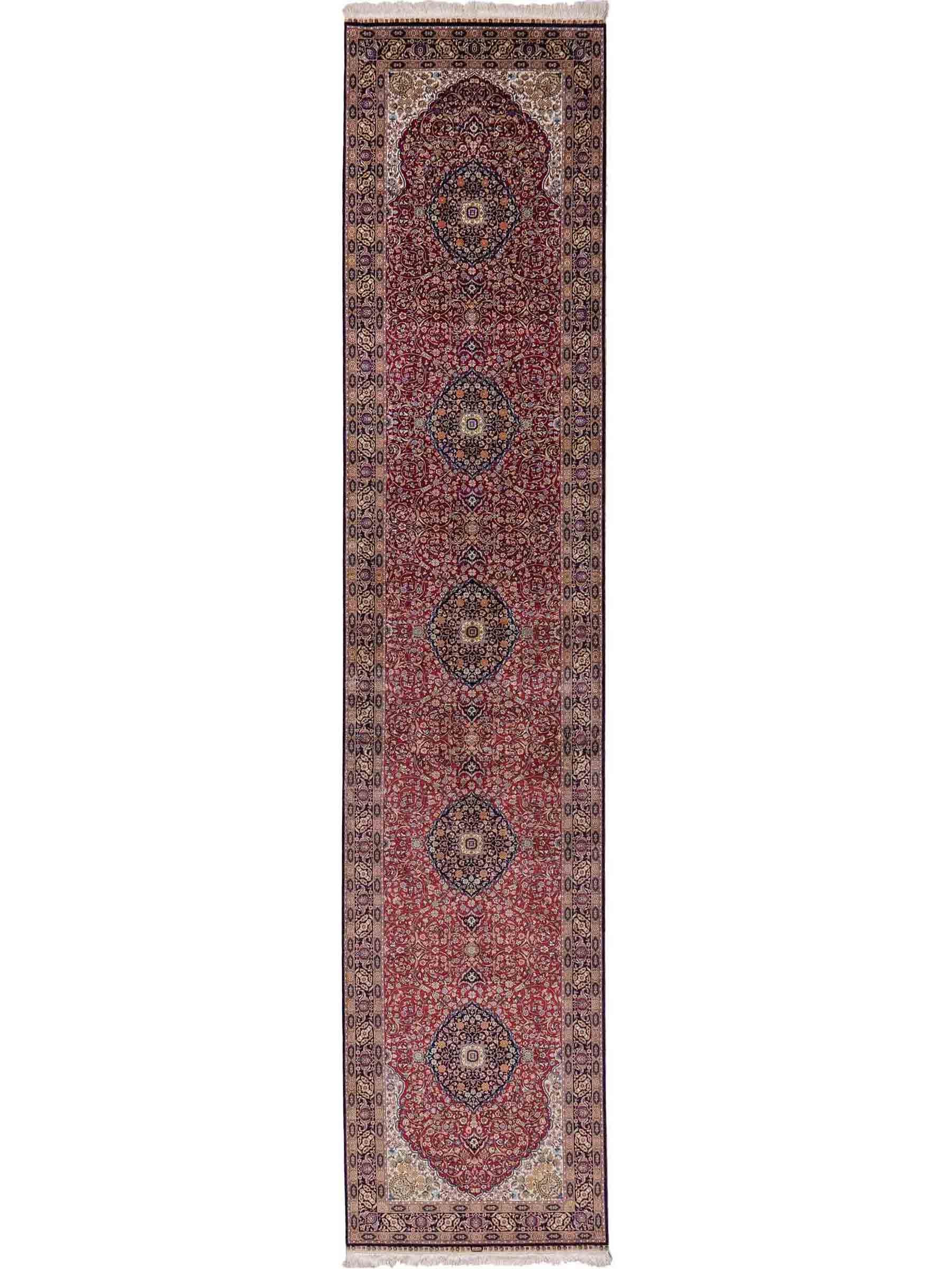 Sehr feiner, handgeknüpfter Khademi Orientteppich Läufer mit Ghom Deisgn aus reiner Seide, rot, blau. 370x79 cm. Vertrieb durch Jupiter Intl.