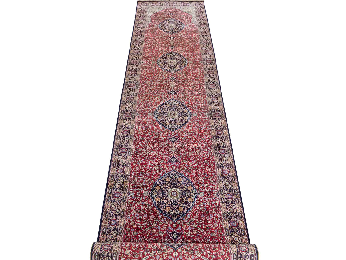 Sehr feiner, handgeknüpfter Khademi Orientteppich Läufer mit Ghom Deisgn aus reiner Seide, rot, blau. 370x79 cm. Vertrieb durch Jupiter Intl.