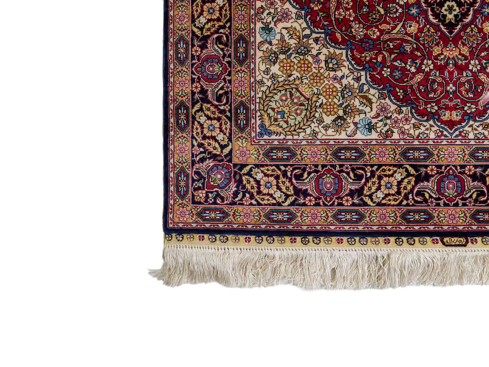 Sehr feiner, handgeknüpfter Khademi Orientteppich Läufer mit Ghom Deisgn aus reiner Seide, rot, blau. 370x79 cm. Vertrieb durch Jupiter Intl.