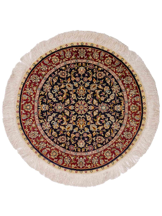 Sehr feiner, handgeknüpfter, runder Khademi Orientteppich mit Ghom Design aus reiner Seide, blau, rot. 61x61 cm. Vertrieb durch Jupiter Intl.