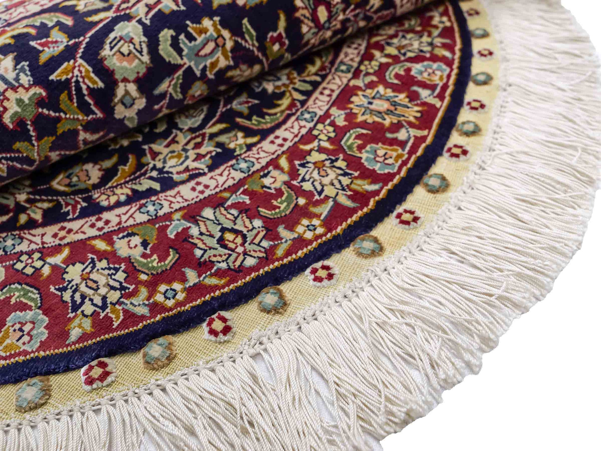 Sehr feiner, handgeknüpfter, runder Khademi Orientteppich mit Ghom Design aus reiner Seide, blau, rot. 61x61 cm. Vertrieb durch Jupiter Intl.