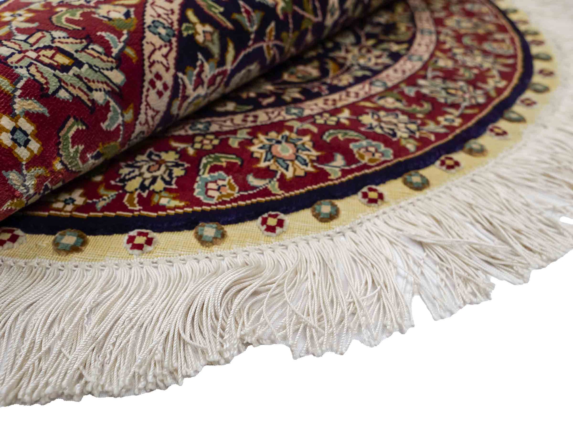 Sehr feiner, handgeknüpfter, runder Khademi Orientteppich mit Ghom Design aus reiner Seide, blau, rot. 61x61 cm. Vertrieb durch Jupiter Intl.