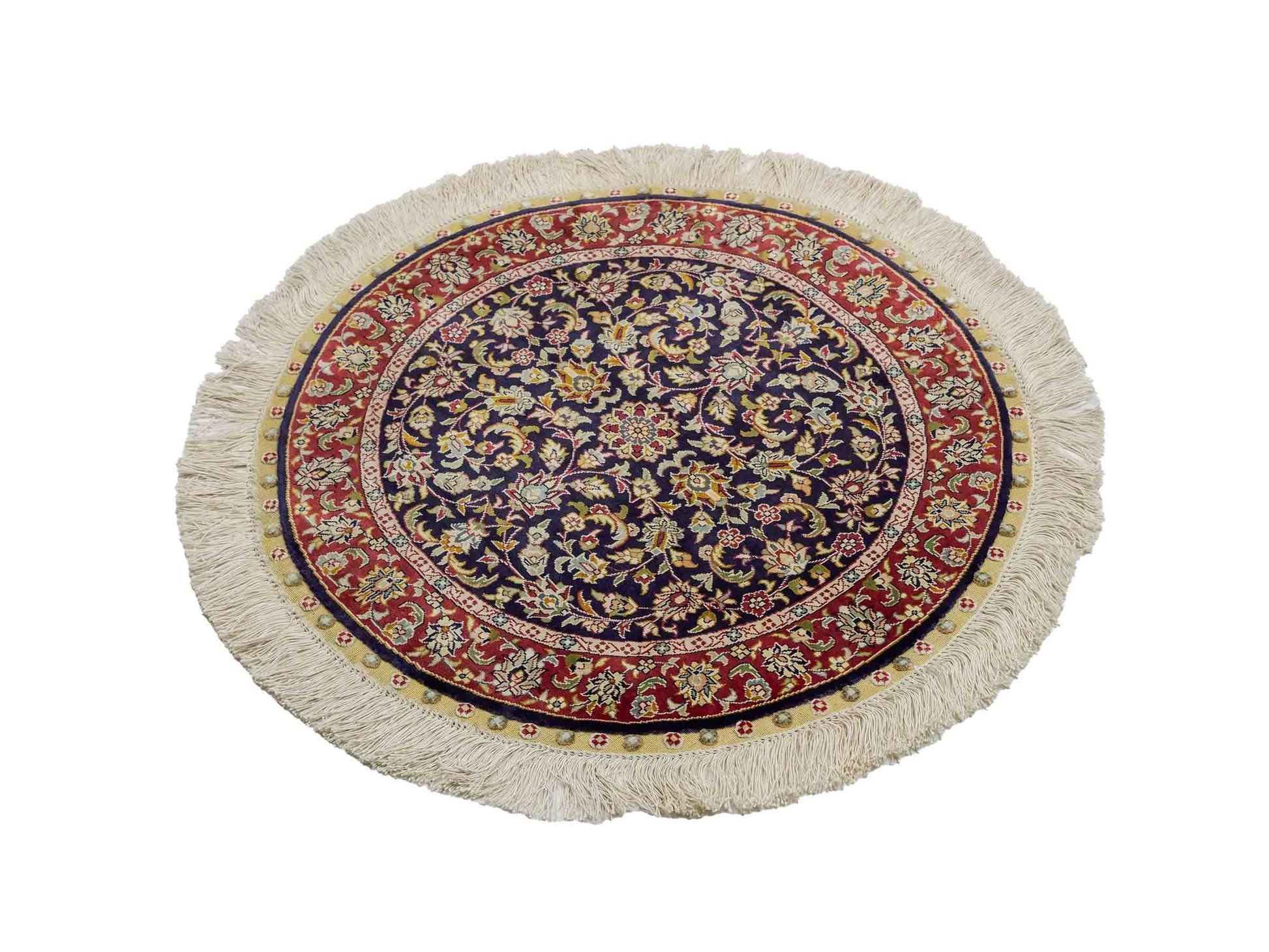 Sehr feiner, handgeknüpfter, runder Khademi Orientteppich mit Ghom Design aus reiner Seide, blau, rot. 61x61 cm. Vertrieb durch Jupiter Intl.