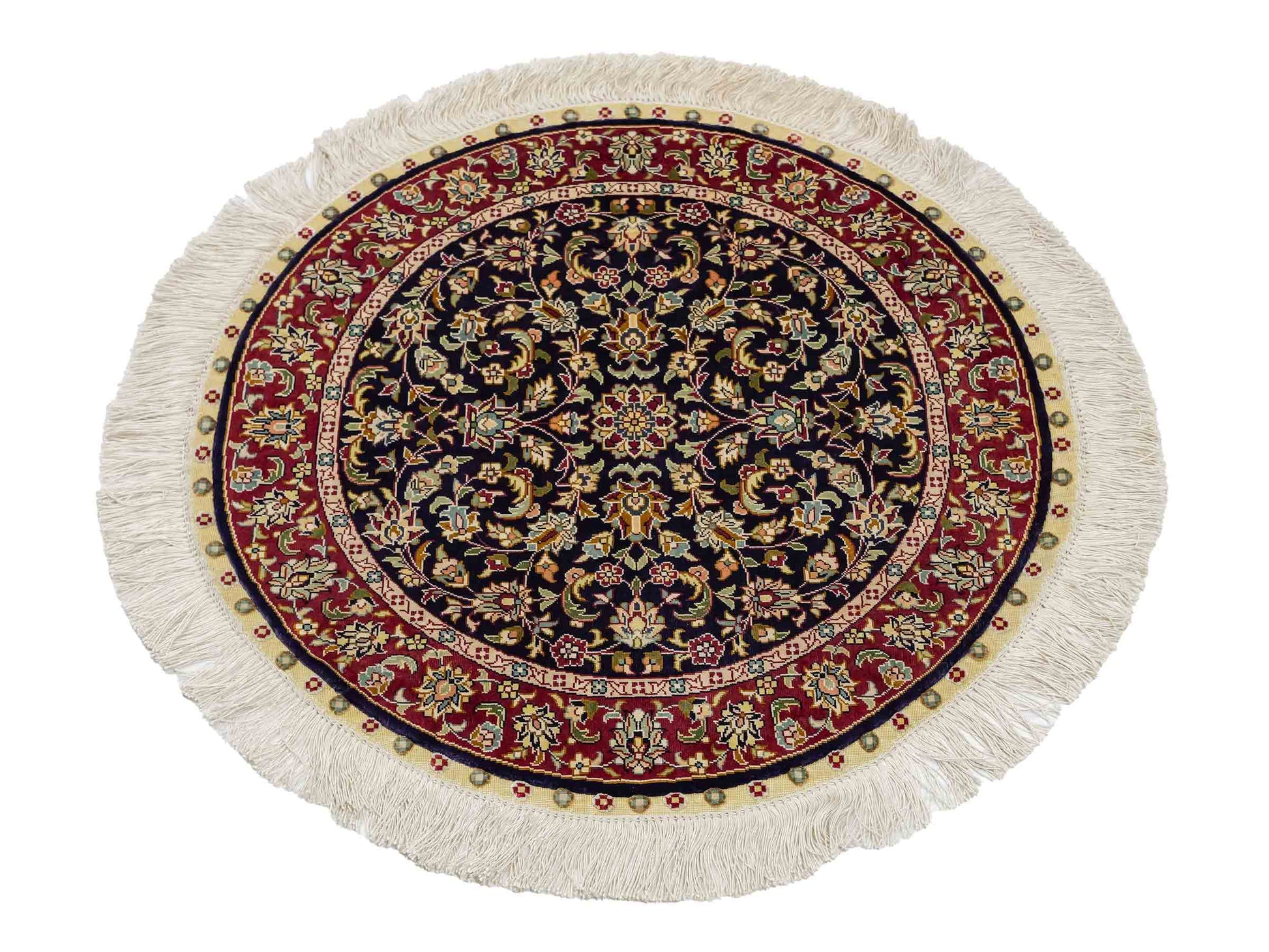 Sehr feiner, handgeknüpfter, runder Khademi Orientteppich mit Ghom Design aus reiner Seide, blau, rot. 61x61 cm. Vertrieb durch Jupiter Intl.