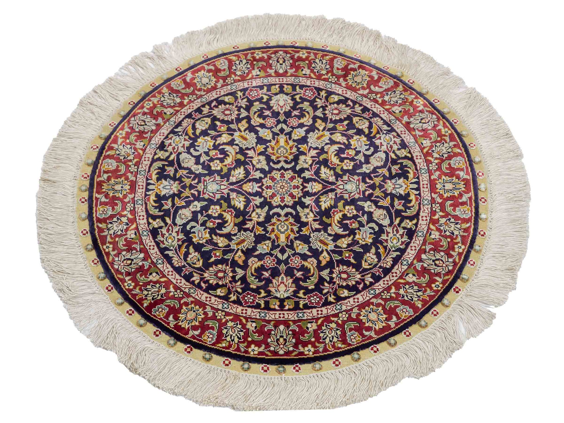 Sehr feiner, handgeknüpfter, runder Khademi Orientteppich mit Ghom Design aus reiner Seide, blau, rot. 61x61 cm. Vertrieb durch Jupiter Intl.