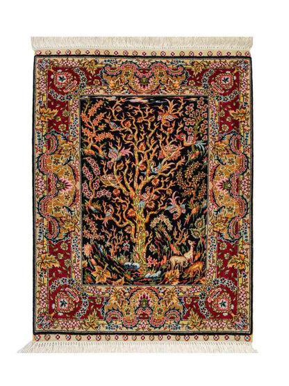 Sehr feiner, handgeknüpfter Khademi Ghom Orientteppich aus reiner Seide, schwarz, gold, rot. 62x48 cm. Vertrieb durch Jupiter Intl.