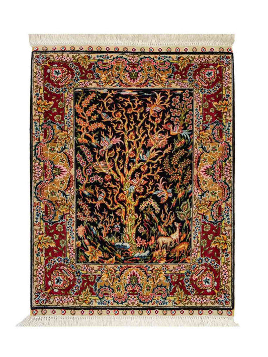 Sehr feiner, handgeknüpfter Khademi Ghom Orientteppich aus reiner Seide, schwarz, gold, rot. 62x48 cm. Vertrieb durch Jupiter Intl.