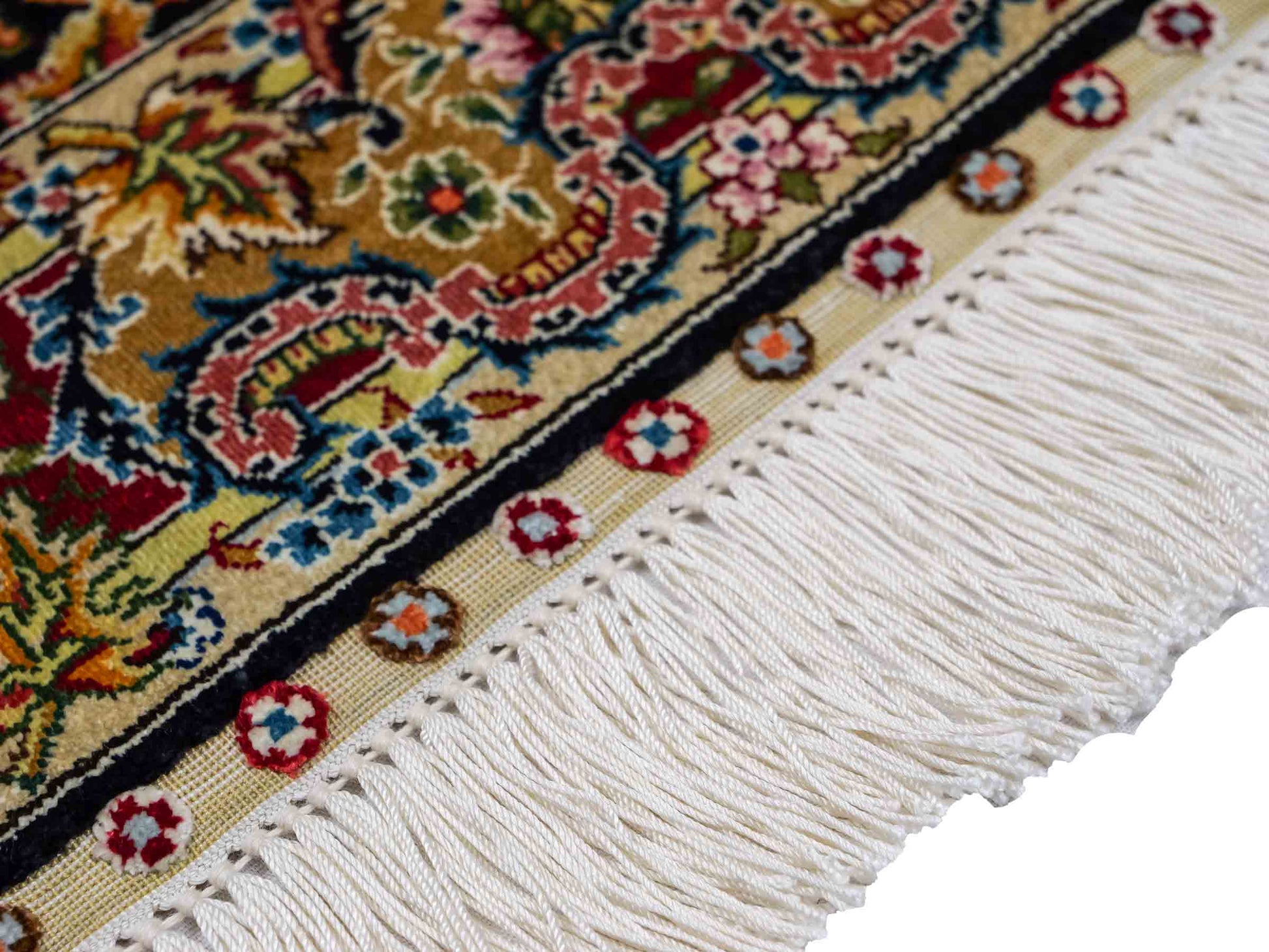 Sehr feiner, handgeknüpfter Khademi Ghom Orientteppich aus reiner Seide, schwarz, gold, rot. 62x48 cm. Vertrieb durch Jupiter Intl.