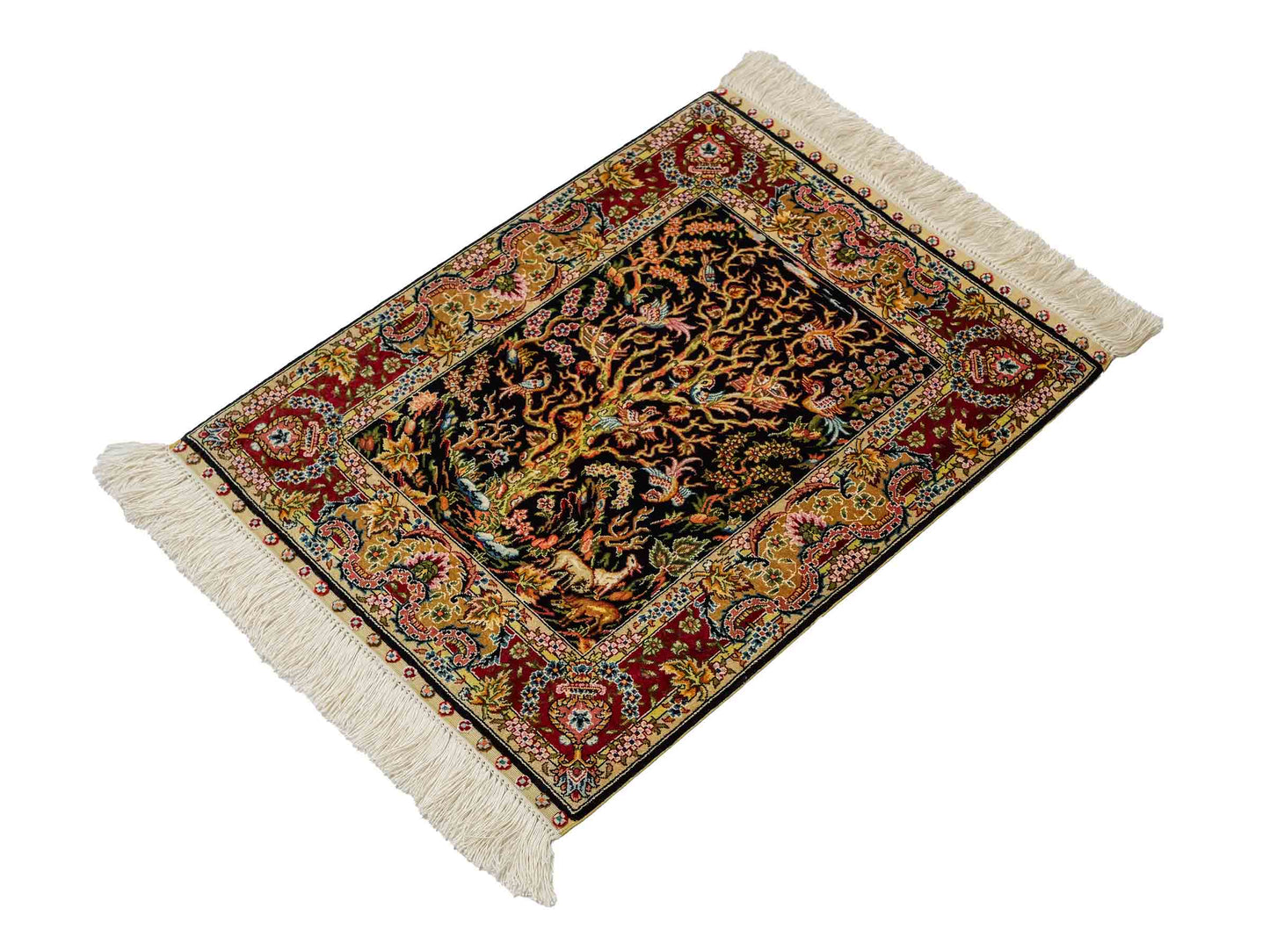 Sehr feiner, handgeknüpfter Khademi Ghom Orientteppich aus reiner Seide, schwarz, gold, rot. 62x48 cm. Vertrieb durch Jupiter Intl.