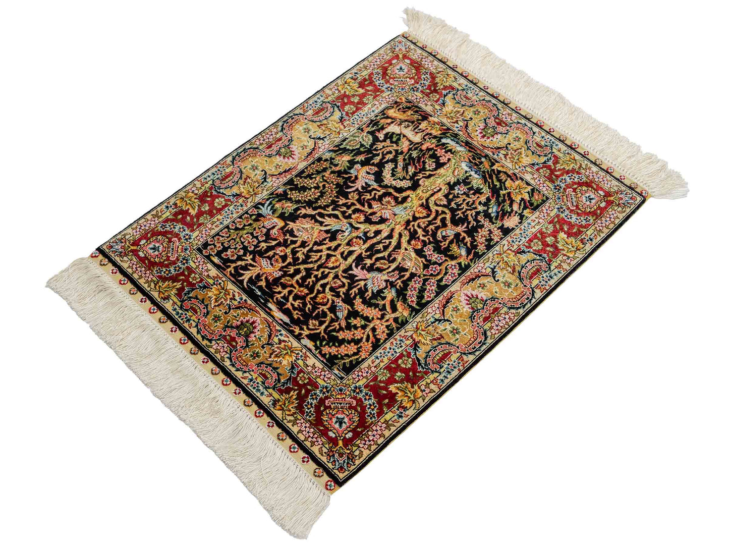 Sehr feiner, handgeknüpfter Khademi Ghom Orientteppich aus reiner Seide, schwarz, gold, rot. 62x48 cm. Vertrieb durch Jupiter Intl.