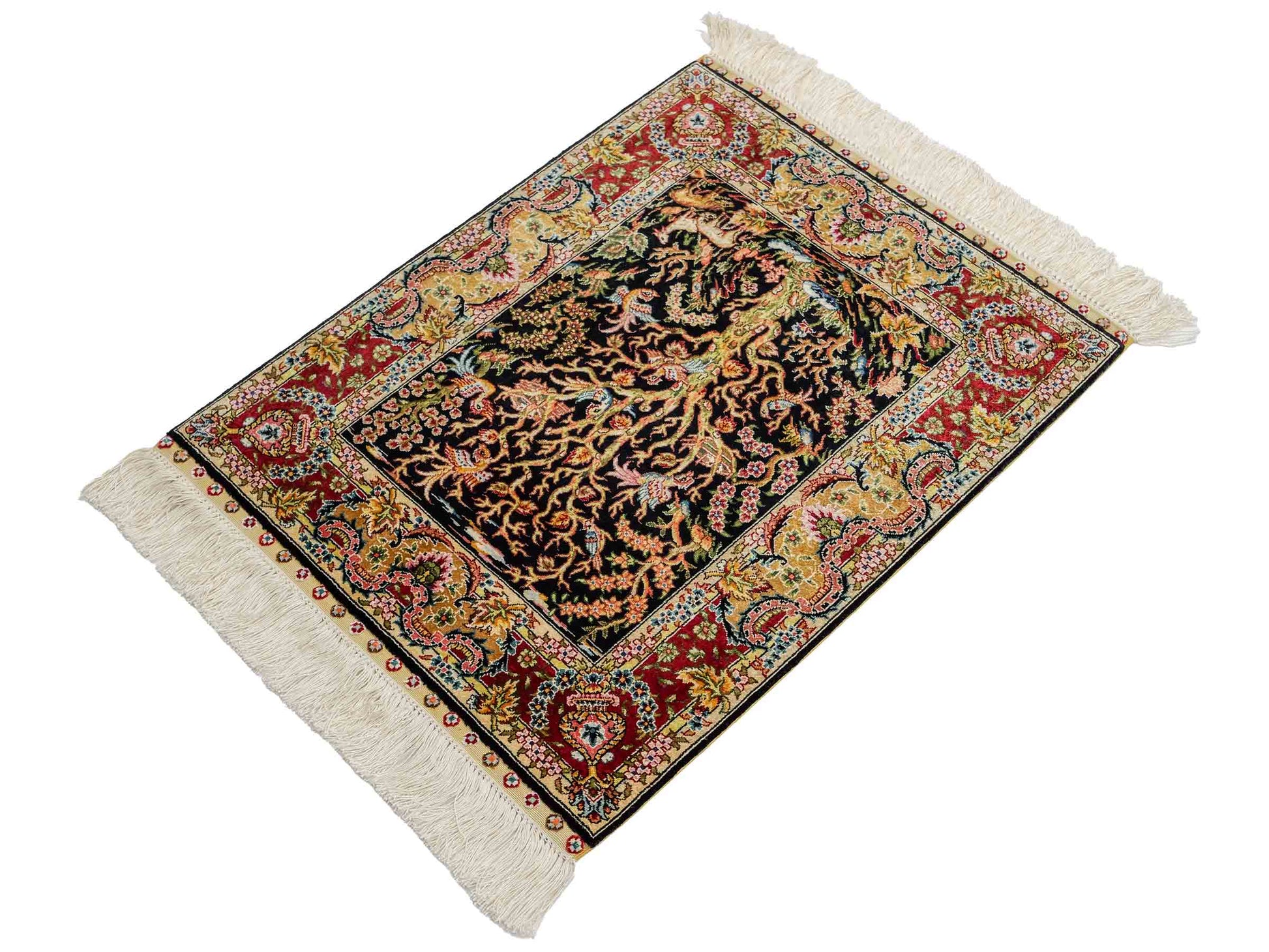 Sehr feiner, handgeknüpfter Khademi Ghom Orientteppich aus reiner Seide, schwarz, gold, rot. 62x48 cm. Vertrieb durch Jupiter Intl.