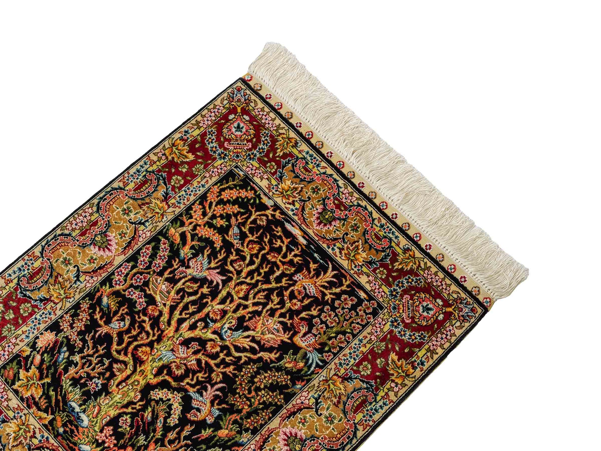 Sehr feiner, handgeknüpfter Khademi Ghom Orientteppich aus reiner Seide, schwarz, gold, rot. 62x48 cm. Vertrieb durch Jupiter Intl.