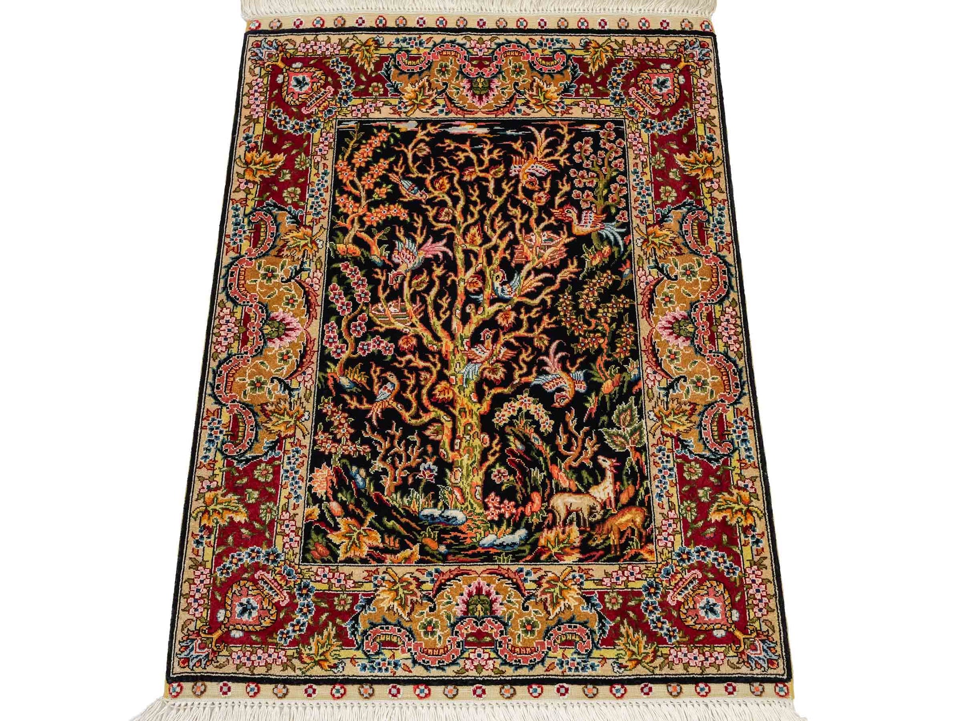 Sehr feiner, handgeknüpfter Khademi Ghom Orientteppich aus reiner Seide, schwarz, gold, rot. 62x48 cm. Vertrieb durch Jupiter Intl.
