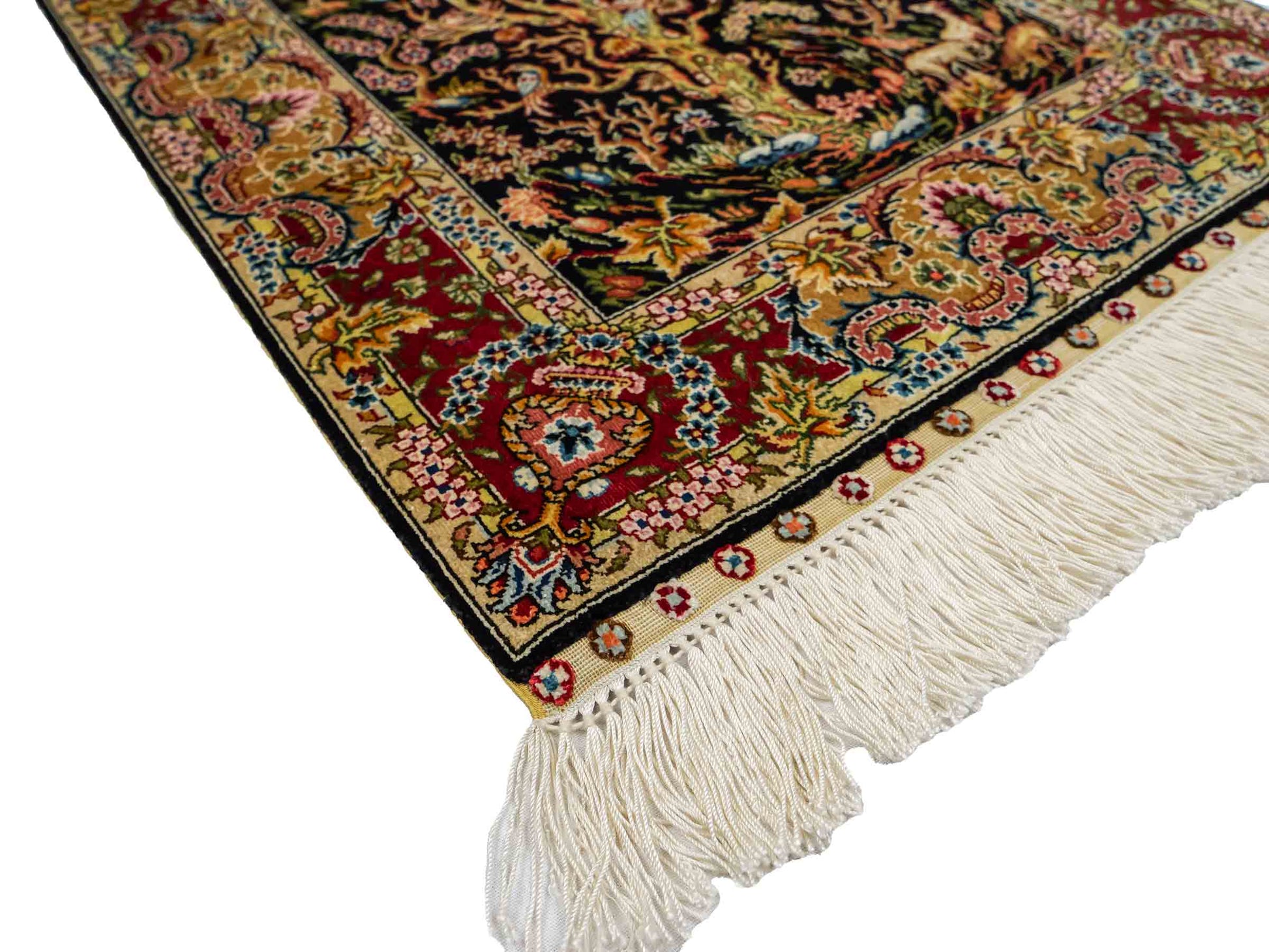 Sehr feiner, handgeknüpfter Khademi Ghom Orientteppich aus reiner Seide, schwarz, gold, rot. 62x48 cm. Vertrieb durch Jupiter Intl.