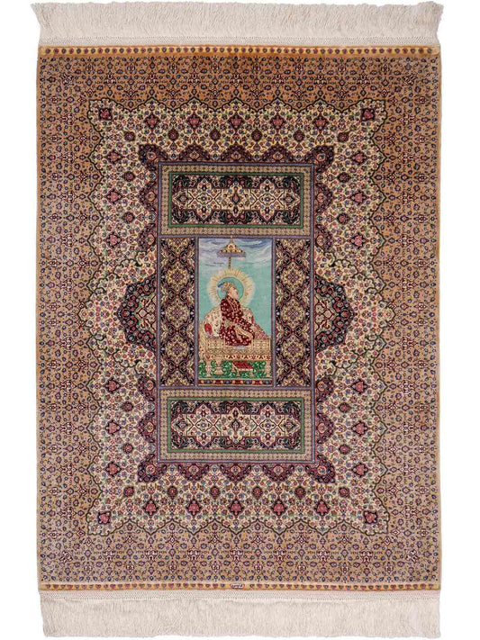 Extrem feiner, handgeknüpfter Khademi Ghom Orientteppich aus purer Seide, beige, braun, creme. 86x64 cm. Verkauf durch Jupiter Intl.