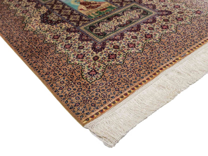 Extrem feiner, handgeknüpfter Khademi Ghom Orientteppich aus purer Seide, beige, braun, creme. 86x64 cm. Verkauf durch Jupiter Intl.