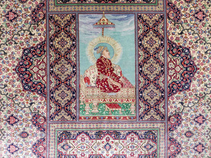 Extrem feiner, handgeknüpfter Khademi Ghom Orientteppich aus purer Seide, beige, braun, creme. 86x64 cm. Verkauf durch Jupiter Intl.