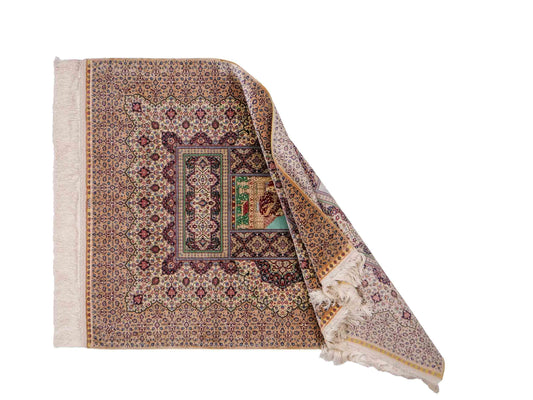 Extrem feiner, handgeknüpfter Khademi Ghom Orientteppich aus purer Seide, beige, braun, creme. 86x64 cm. Verkauf durch Jupiter Intl.