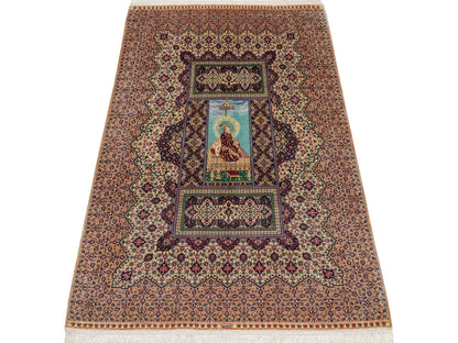 Extrem feiner, handgeknüpfter Khademi Ghom Orientteppich aus purer Seide, beige, braun, creme. 86x64 cm. Verkauf durch Jupiter Intl.