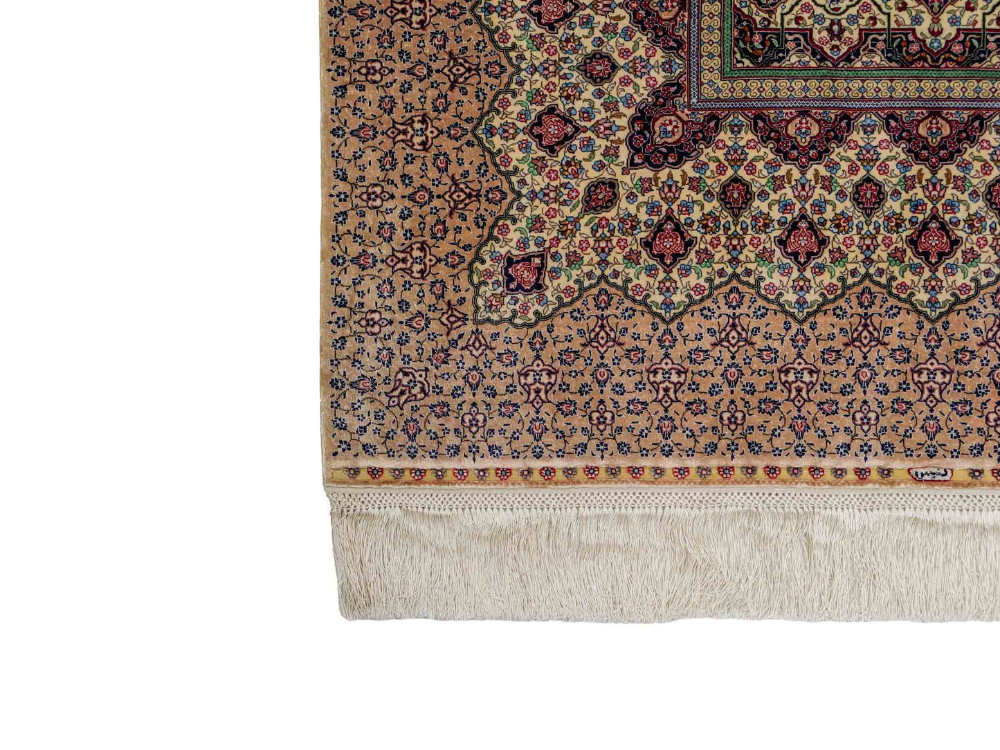 Extrem feiner, handgeknüpfter Khademi Ghom Orientteppich aus purer Seide, beige, braun, creme. 86x64 cm. Verkauf durch Jupiter Intl.