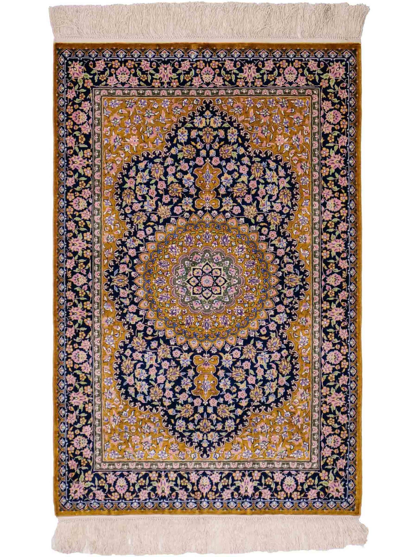 Sehr feiner, handgeknüpfter Khademi Orientteppich mit Ghom Design aus reiner Seide, oliv, braun, blau. 91x62 cm. Vertrieb durch Jupiter Intl.