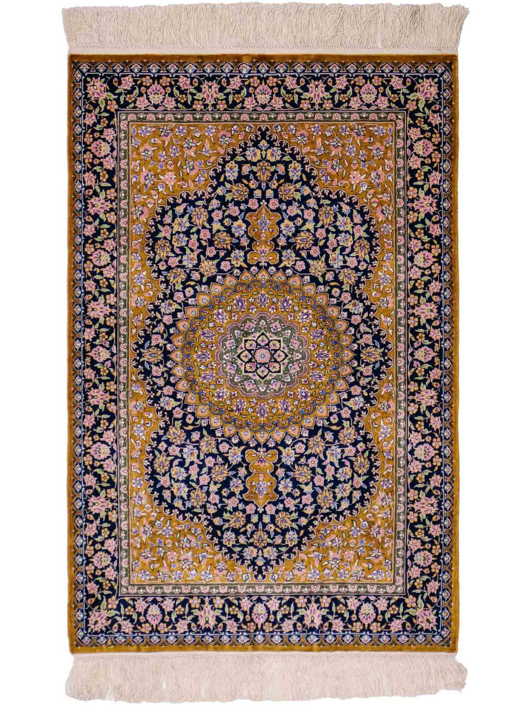 Sehr feiner, handgeknüpfter Khademi Orientteppich mit Ghom Design aus reiner Seide, oliv, braun, blau. 91x62 cm. Vertrieb durch Jupiter Intl.