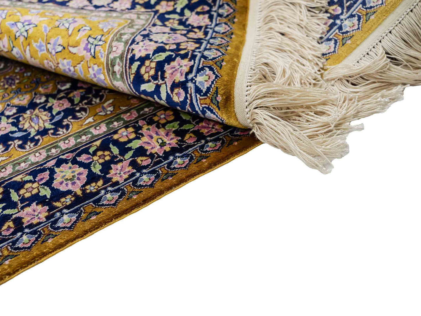 Sehr feiner, handgeknüpfter Khademi Orientteppich mit Ghom Design aus reiner Seide, oliv, braun, blau. 91x62 cm. Vertrieb durch Jupiter Intl.