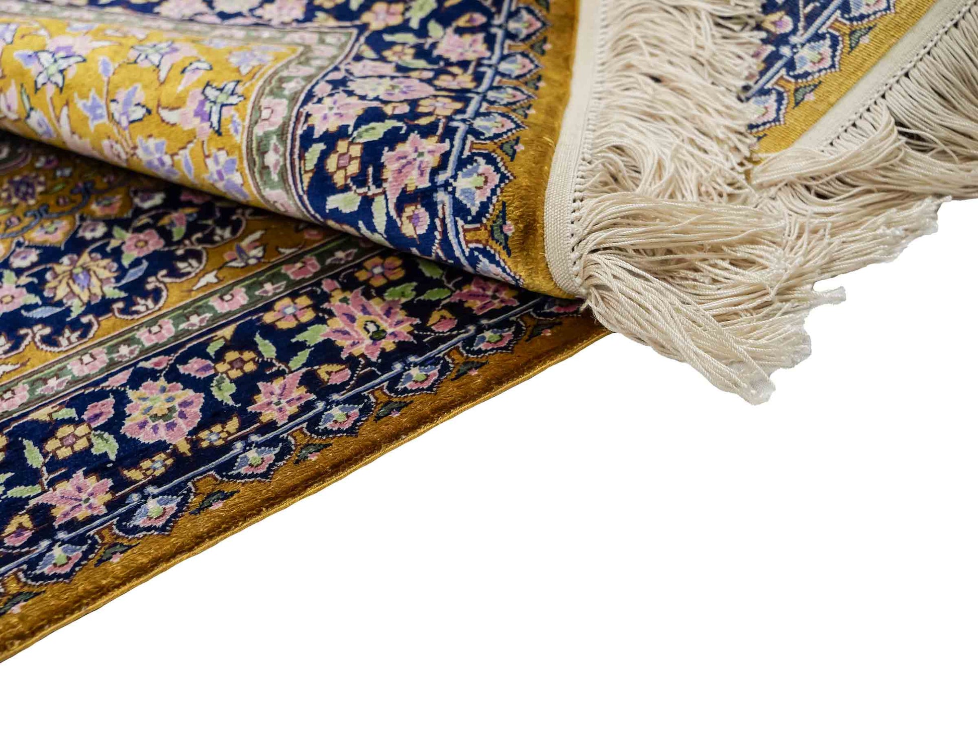 Sehr feiner, handgeknüpfter Khademi Orientteppich mit Ghom Design aus reiner Seide, oliv, braun, blau. 91x62 cm. Vertrieb durch Jupiter Intl.