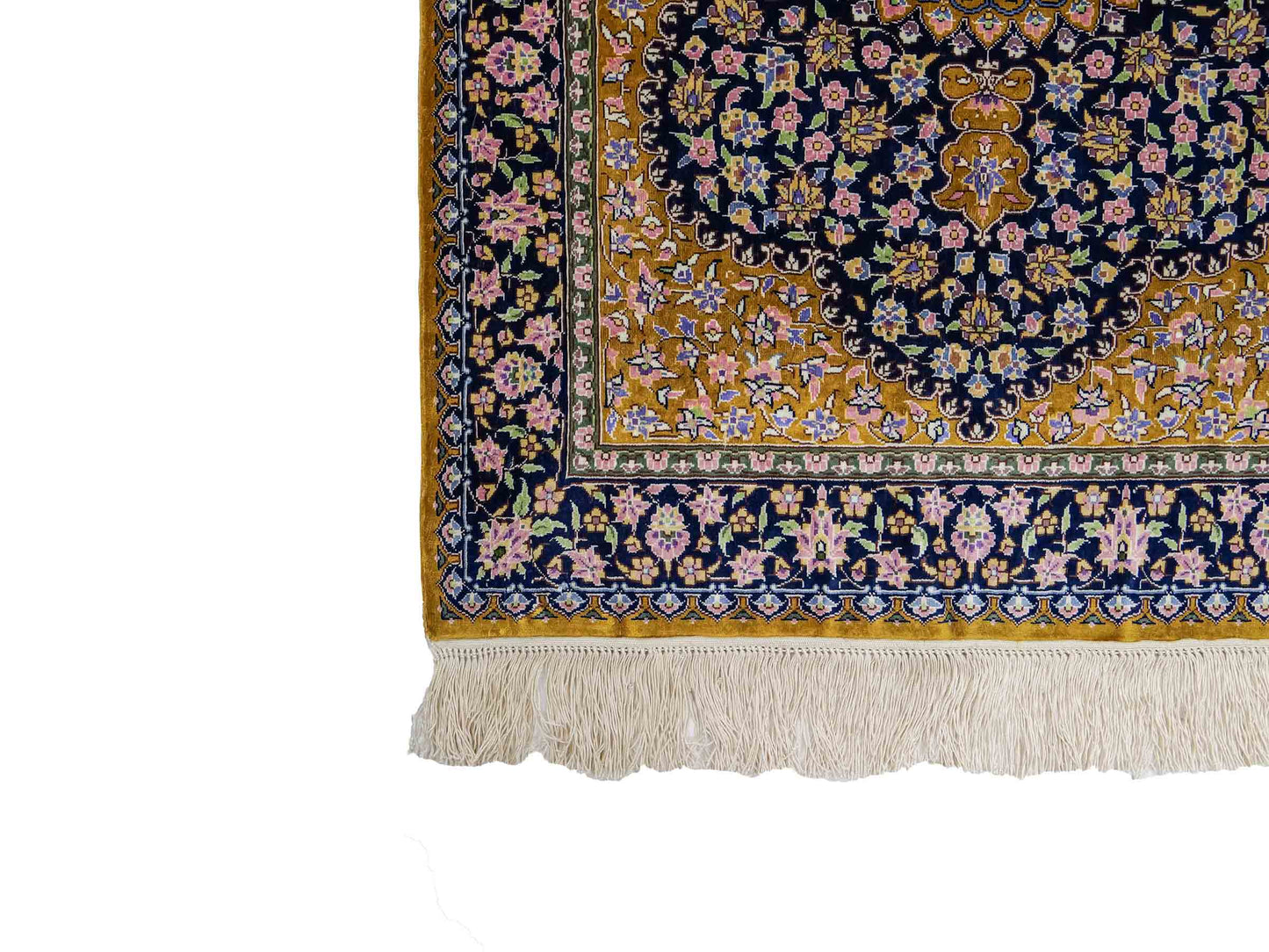 Sehr feiner, handgeknüpfter Khademi Orientteppich mit Ghom Design aus reiner Seide, oliv, braun, blau. 91x62 cm. Vertrieb durch Jupiter Intl.