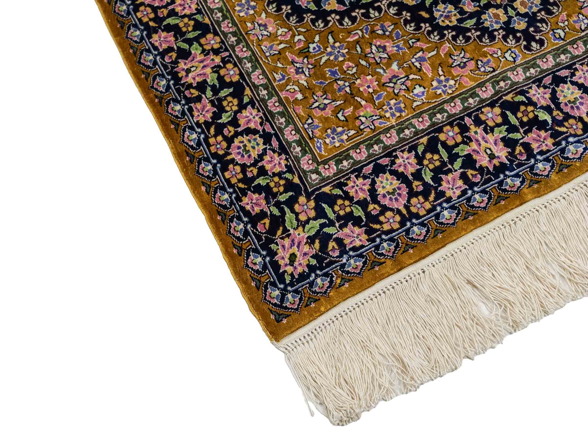Sehr feiner, handgeknüpfter Khademi Orientteppich mit Ghom Design aus reiner Seide, oliv, braun, blau. 91x62 cm. Vertrieb durch Jupiter Intl.