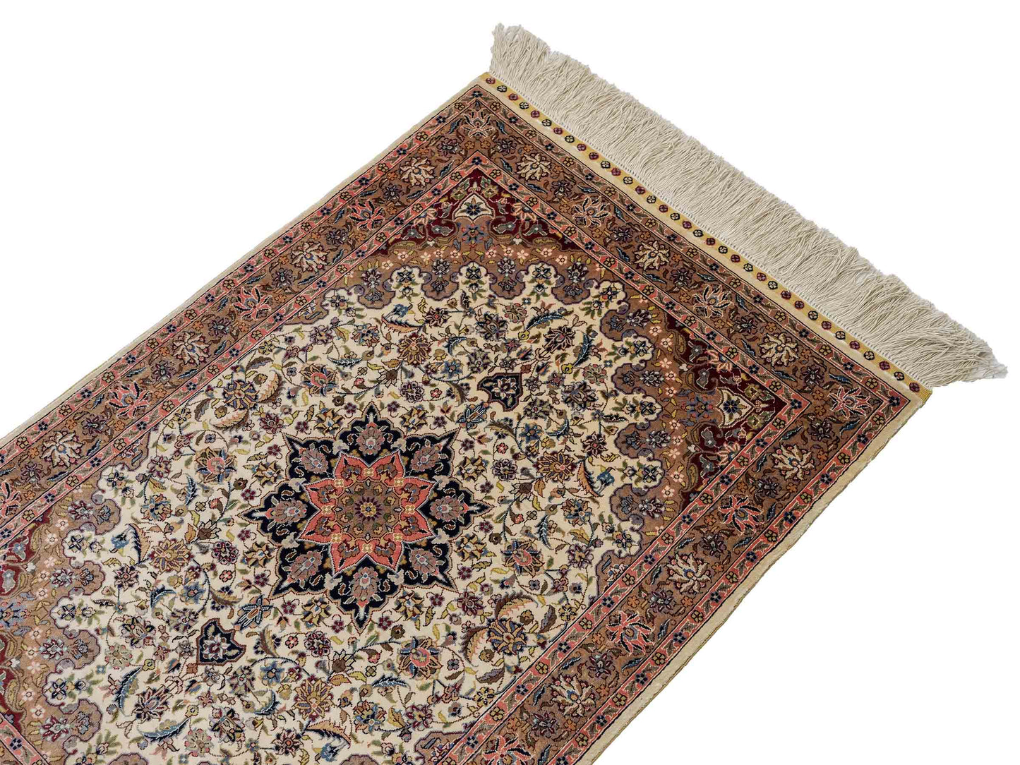 Sehr feiner, handgeknüpfter Khademi Orientteppich mit Ghom Design aus reiner Seide, weiß, creme. 91x62 cm. Vertrieb durch Jupiter Intl.