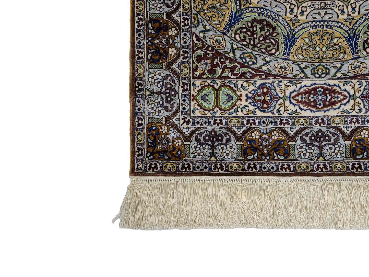 Sehr feiner, handgeknüpfter Khademi Orientteppich mit Ghom Design aus reiner Seide, braun, multicolor. 92x62 cm. Vertrieb durch Jupiter Intl.