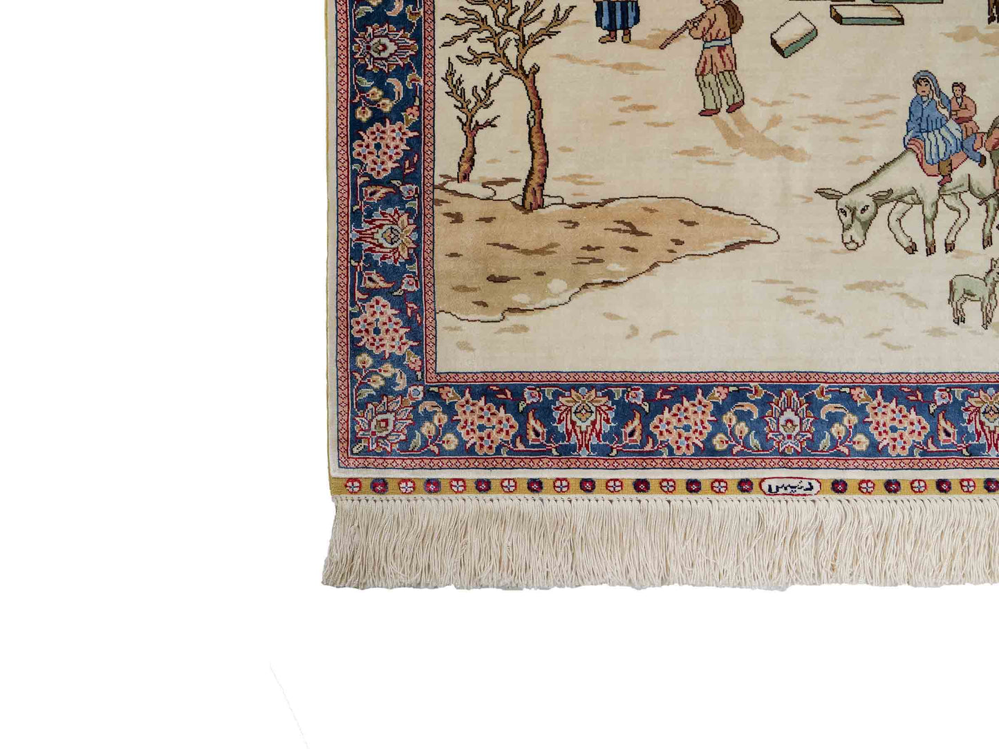 Sehr feiner, handgeknüpfter Khademi Orientteppich mit Ghom Design aus reiner Seide, creme, weiß, blau. 92x63 cm. Vertrieb durch Jupiter Intl.