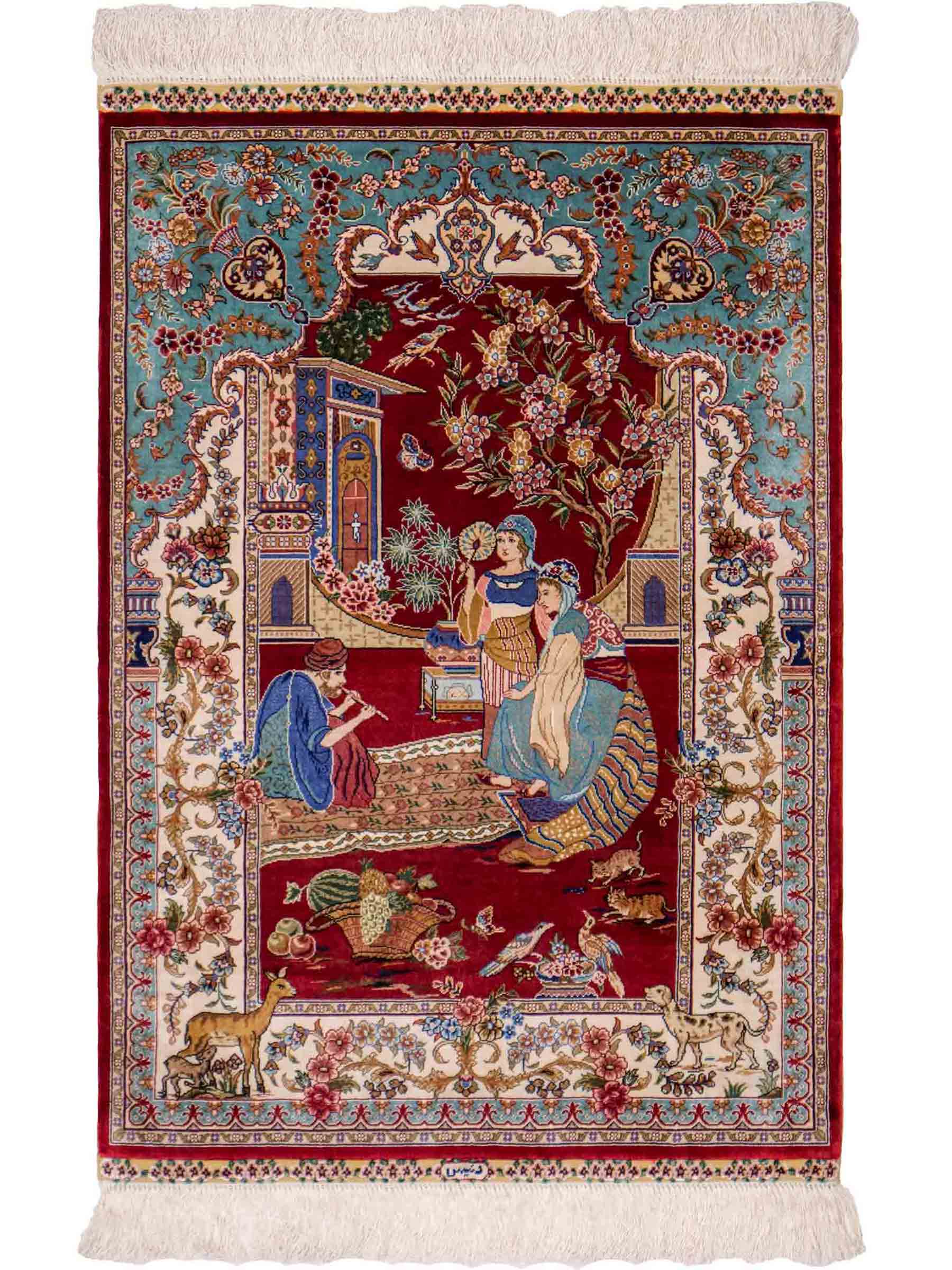 Sehr feiner, handgeknüpfter Khademi Orientteppich mit Ghom Design aus reiner Seide, rot, blau, creme. 92x63 cm. Vertrieb durch Jupiter Intl.