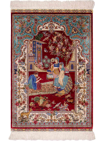 Sehr feiner, handgeknüpfter Khademi Orientteppich mit Ghom Design aus reiner Seide, rot, blau, creme. 92x63 cm. Vertrieb durch Jupiter Intl.