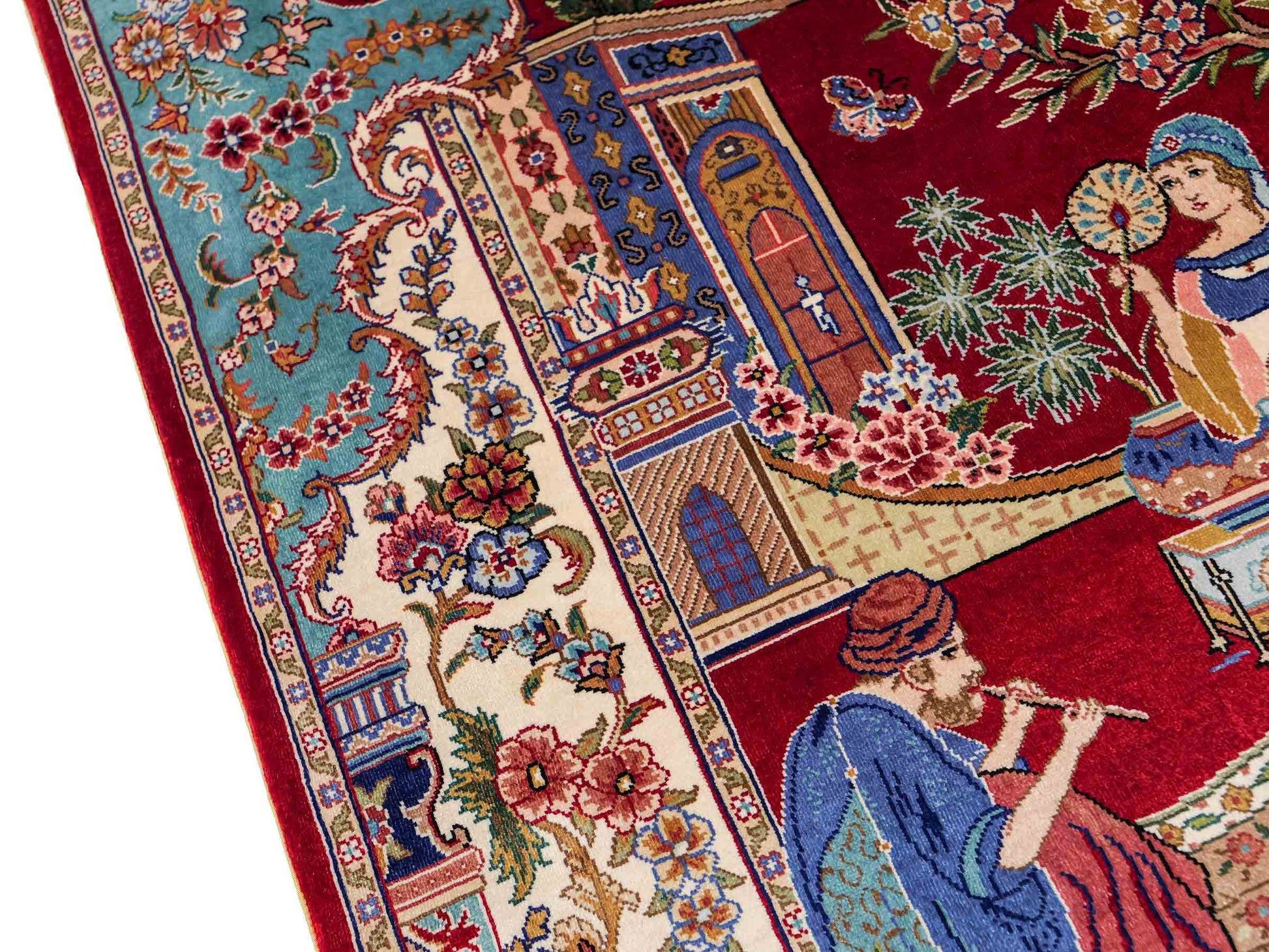Sehr feiner, handgeknüpfter Khademi Orientteppich mit Ghom Design aus reiner Seide, rot, blau, creme. 92x63 cm. Vertrieb durch Jupiter Intl.