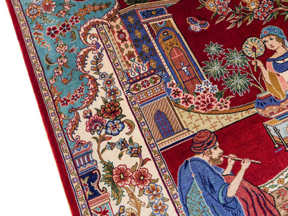 Sehr feiner, handgeknüpfter Khademi Orientteppich mit Ghom Design aus reiner Seide, rot, blau, creme. 92x63 cm. Vertrieb durch Jupiter Intl.