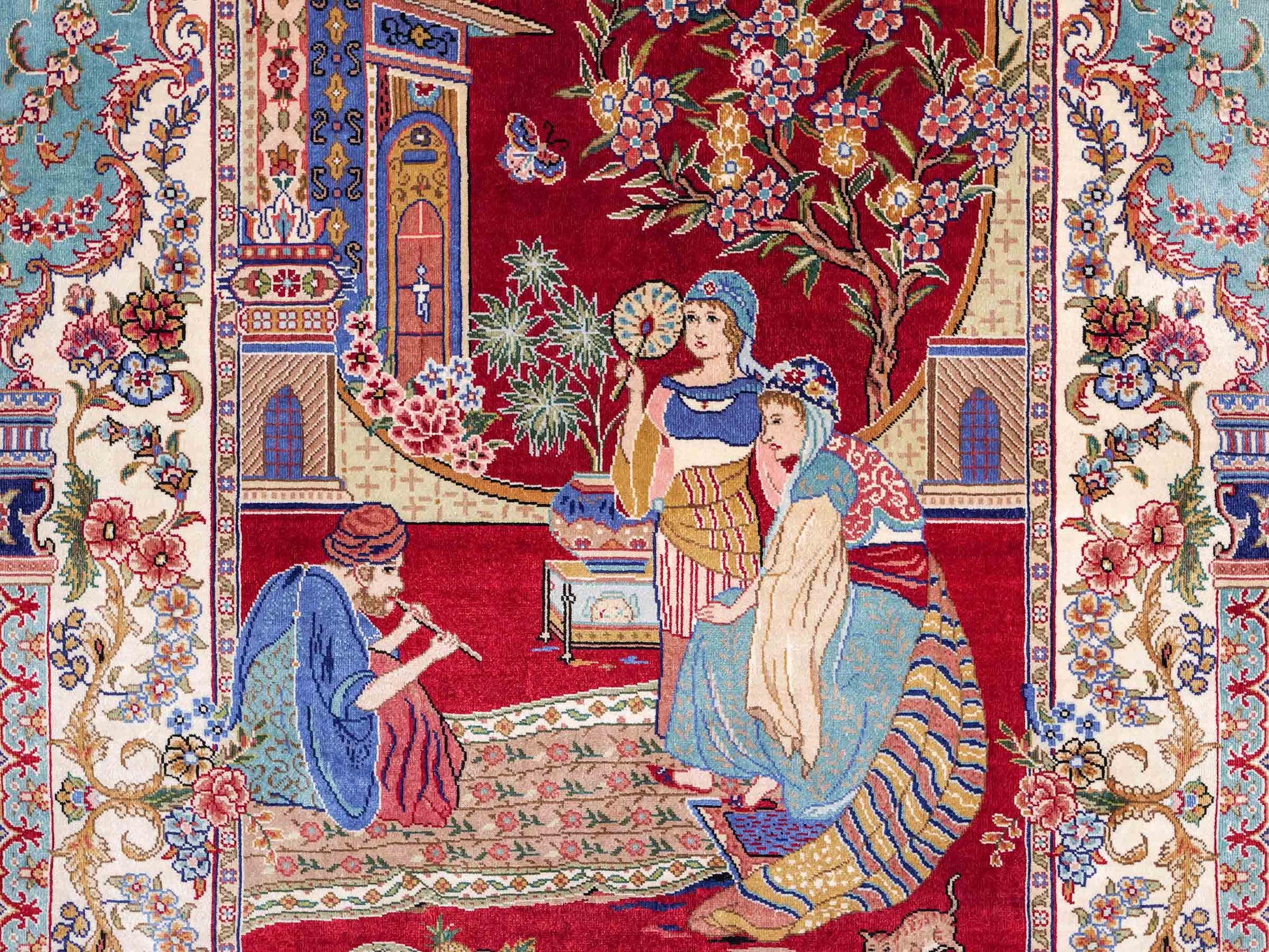 Sehr feiner, handgeknüpfter Khademi Orientteppich mit Ghom Design aus reiner Seide, rot, blau, creme. 92x63 cm. Vertrieb durch Jupiter Intl.