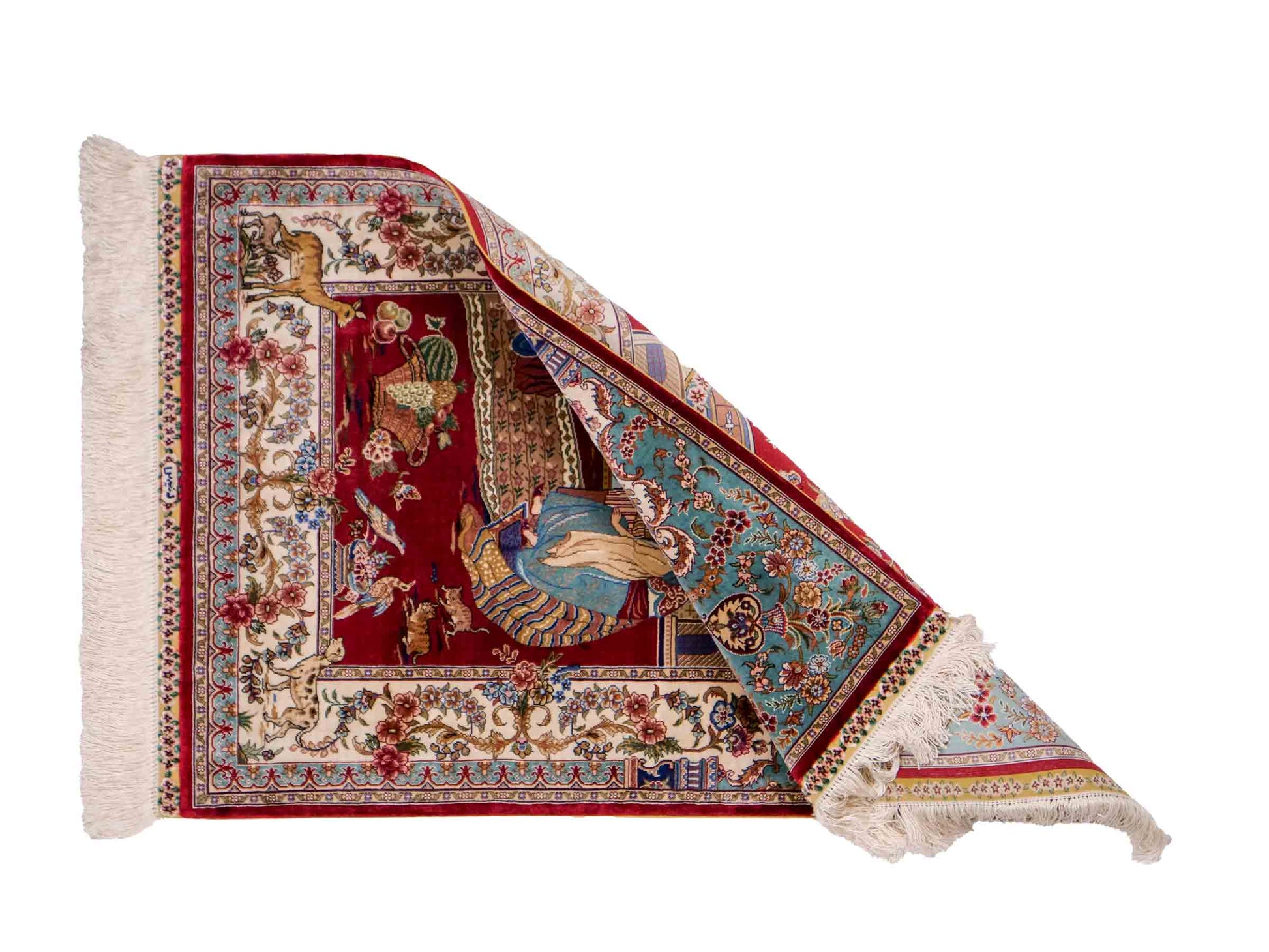 Sehr feiner, handgeknüpfter Khademi Orientteppich mit Ghom Design aus reiner Seide, rot, blau, creme. 92x63 cm. Vertrieb durch Jupiter Intl.