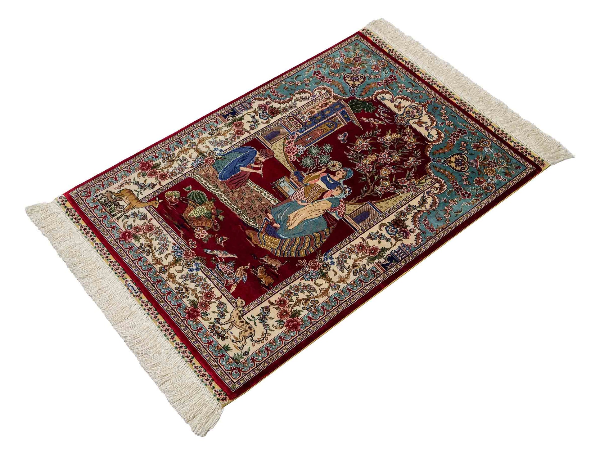 Sehr feiner, handgeknüpfter Khademi Orientteppich mit Ghom Design aus reiner Seide, rot, blau, creme. 92x63 cm. Vertrieb durch Jupiter Intl.